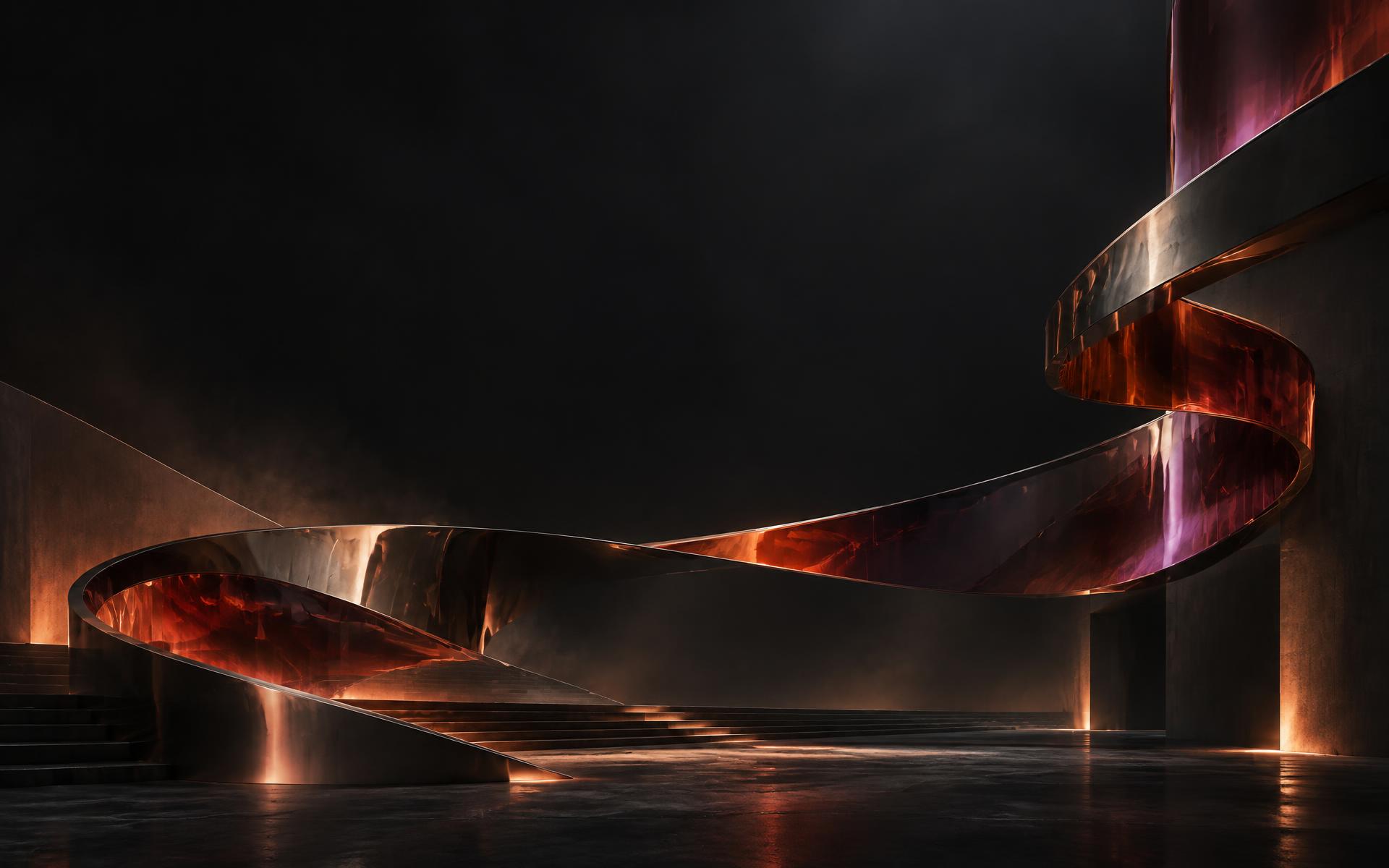 Sculptural ember-lit ribbon moving through a dark architectural space